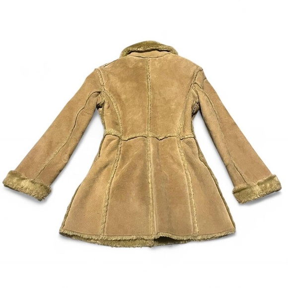 2000s Aldo real leather penny lane long fur trim coat in a tan creamy beige - Picture 2 of 8